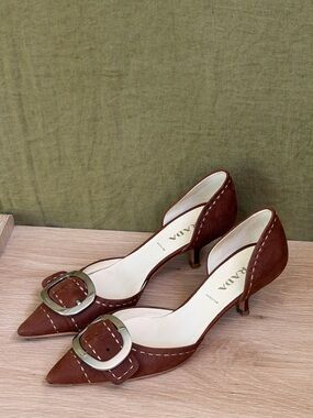 Prada Rust Brown Leather Pointed-Toe Buckle Heels